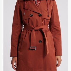 Sam Edelman Women's Double-Breasted Trench Coat in Rust with hoodie